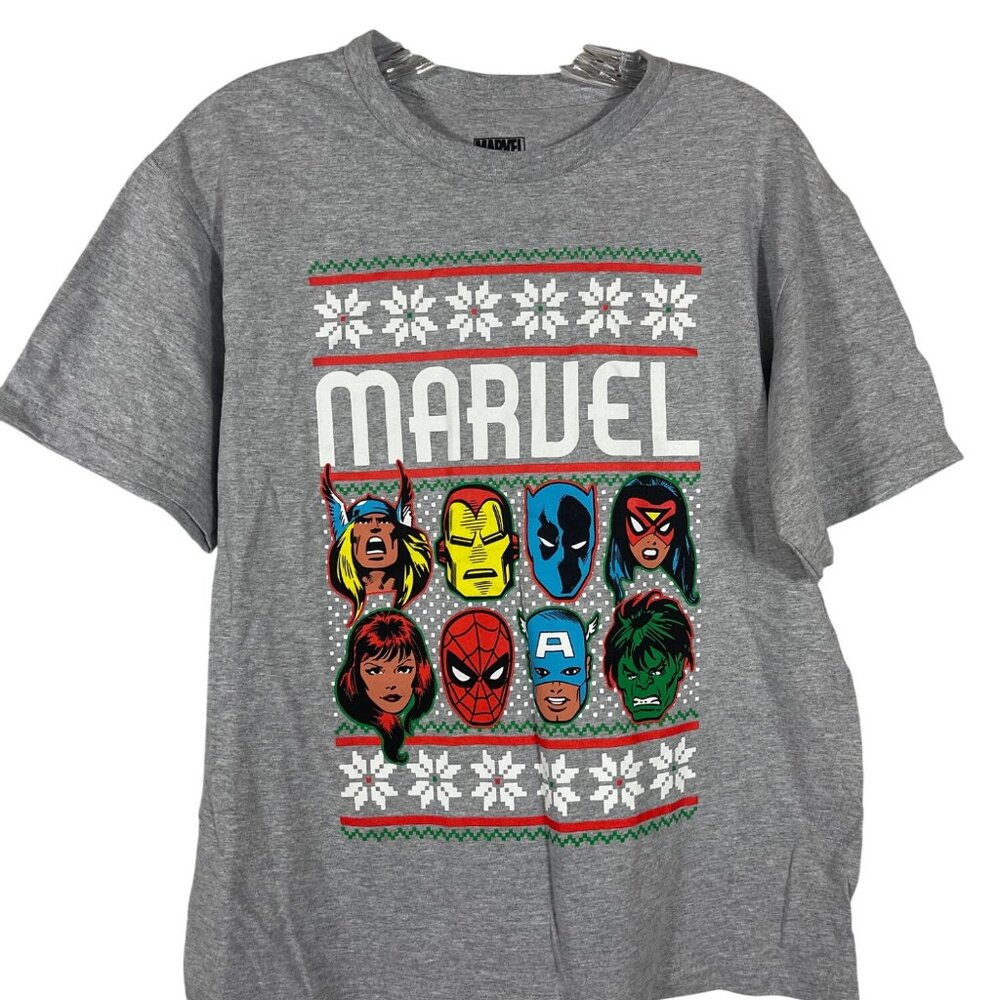 Marvel Holiday Graphic T-Shirt Kids Youth Unisex Size Large Gray Short Sleeve